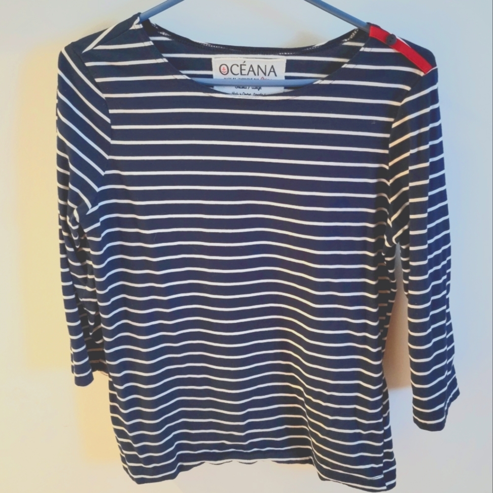 Boat neck navy and white striped shirt sz L
